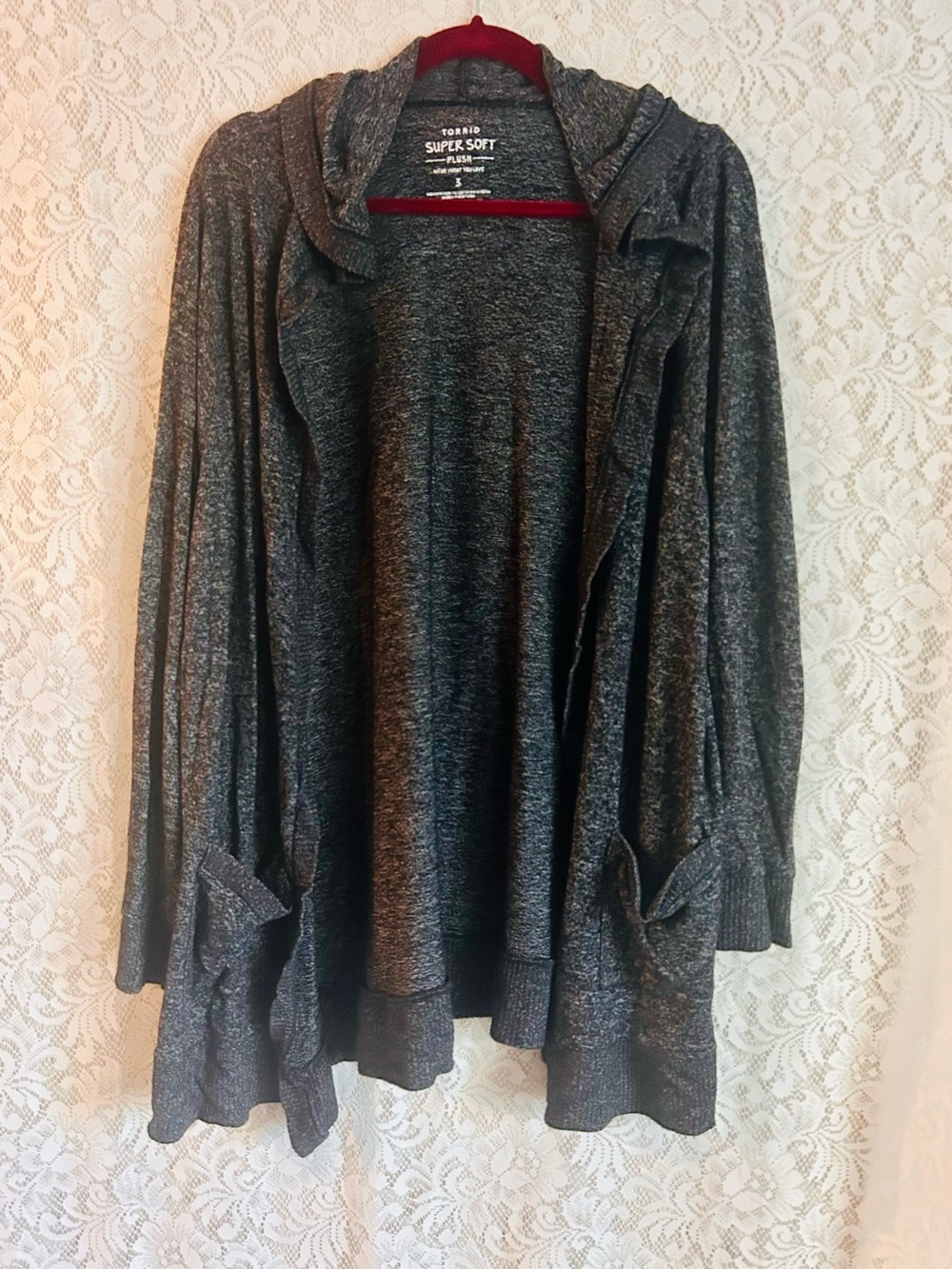 💗 Torrid Super Soft Dark Charcoal Hooded Draped Open-Front Cardigan Size 3